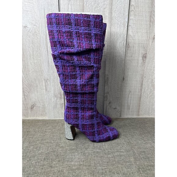 Betsey Johnson Womens 6.5 Purple Tweed Plaid Knee High Boots w/ Rhinestone Heels - Picture 2 of 12